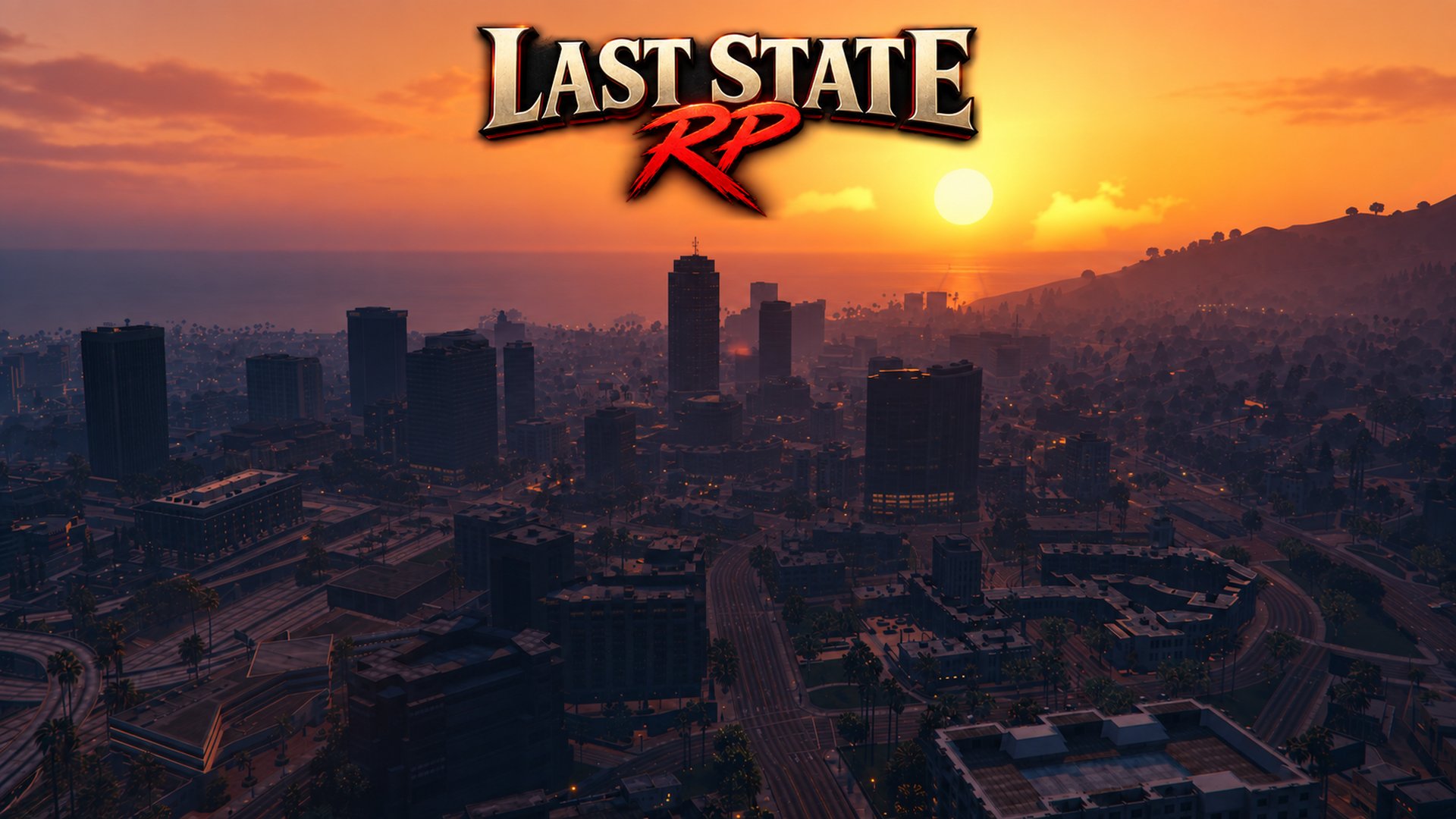 Sonnenuntergang über Los Santos mit dem Last State RP Logo